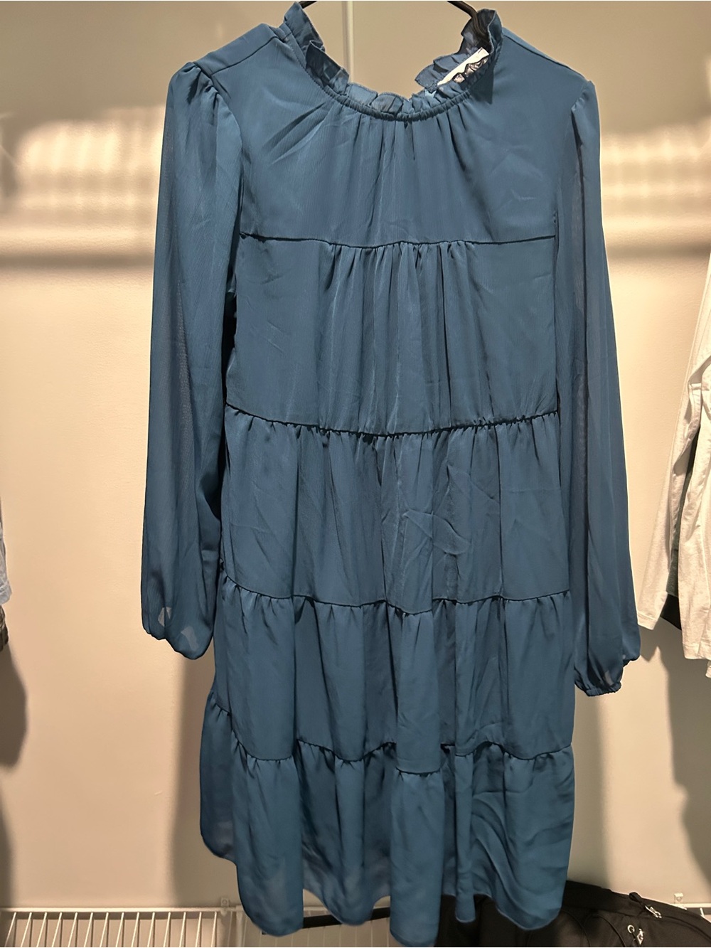 Tiered Long-Sleeve Dress in Teal Blue